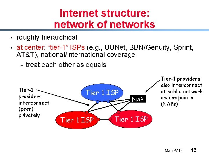 Internet structure: network of networks § § roughly hierarchical at center: “tier-1” ISPs (e.