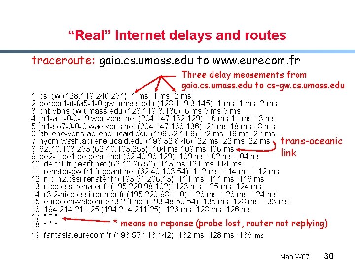 “Real” Internet delays and routes traceroute: gaia. cs. umass. edu to www. eurecom. fr