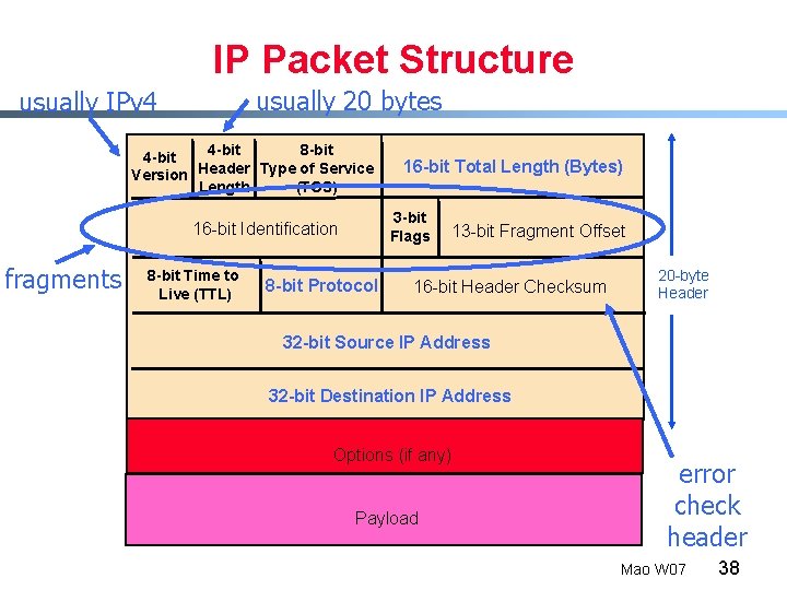 IP Packet Structure usually 20 bytes usually IPv 4 4 -bit 8 -bit 4