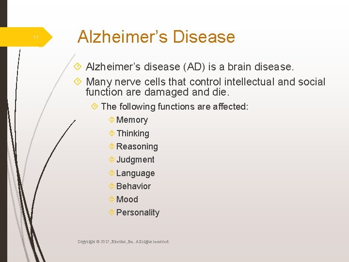 11 Alzheimer’s Disease Alzheimer’s disease (AD) is a brain disease. Many nerve cells that