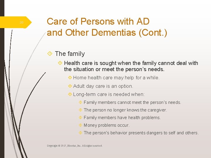 20 Care of Persons with AD and Other Dementias (Cont. ) The family Health