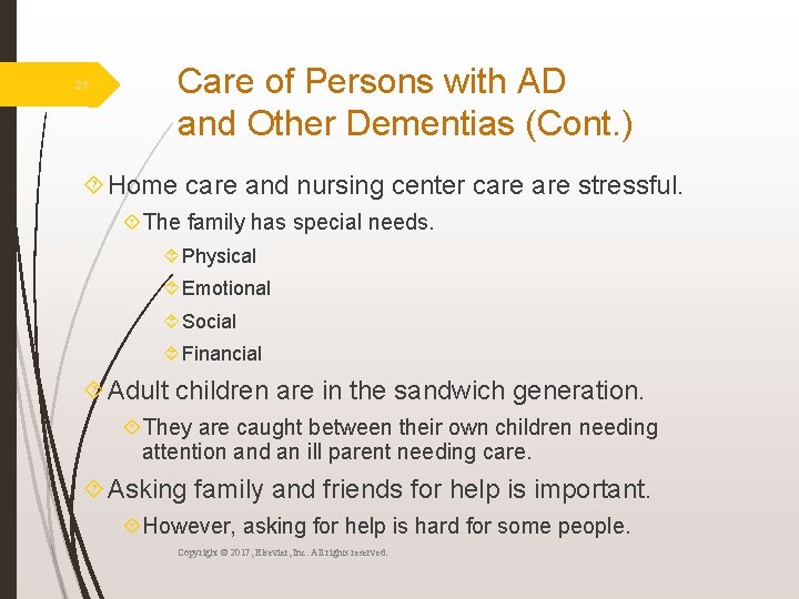 21 Care of Persons with AD and Other Dementias (Cont. ) Home care and