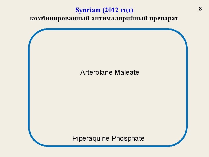 Synriam (2012 год) комбинированный антималярийный препарат Arterolane Maleate Piperaquine Phosphate 8 