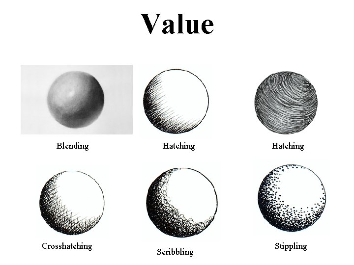 Value Blending Crosshatching Hatching Scribbling Hatching Stippling 