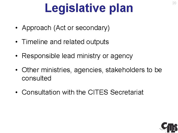 Legislative plan • Approach (Act or secondary) • Timeline and related outputs • Responsible