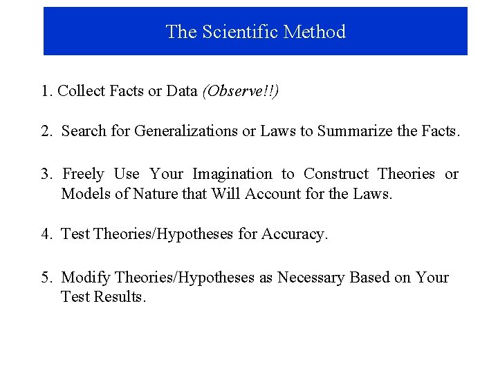 The Scientific Method 1. Collect Facts or Data (Observe!!) 2. Search for Generalizations or