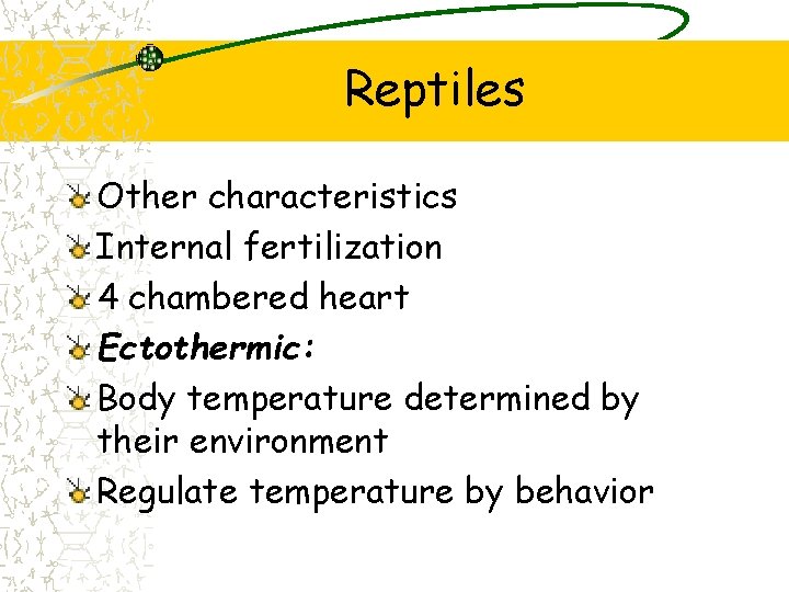 Reptiles Other characteristics Internal fertilization 4 chambered heart Ectothermic: Body temperature determined by their