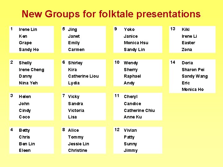 New Groups for folktale presentations 1 2 Irene Lin 5 Jing 9 Yoko 13