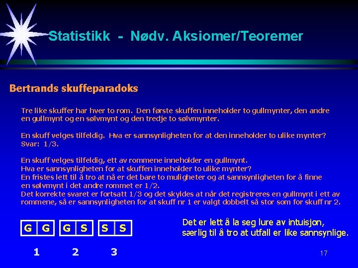 Statistikk - Nødv. Aksiomer/Teoremer Bertrands skuffeparadoks Tre like skuffer har hver to rom. Den