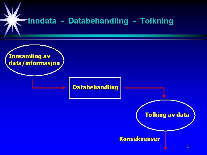 Inndata - Databehandling - Tolkning Innsamling av data/informasjon Databehandling Tolking av data Konsekvenser 5