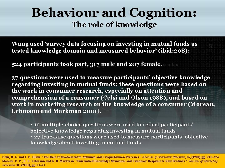 Behaviour and Cognition: The role of knowledge Wang used ‘survey data focusing on investing