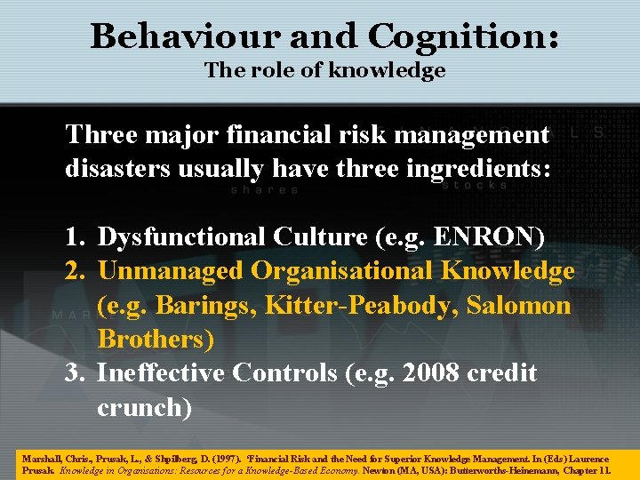 Behaviour and Cognition: The role of knowledge Three major financial risk management disasters usually