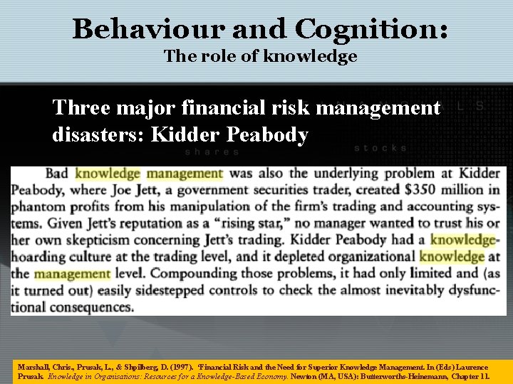 Behaviour and Cognition: The role of knowledge Three major financial risk management disasters: Kidder