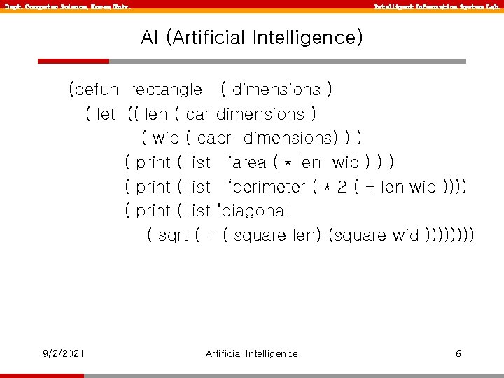 Dept. Computer Science, Korea Univ. Intelligent Information System Lab. AI (Artificial Intelligence) (defun rectangle