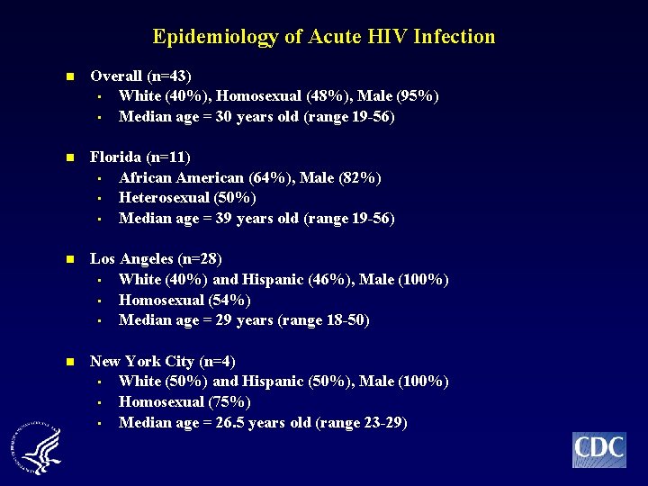 Epidemiology of Acute HIV Infection n Overall (n=43) • White (40%), Homosexual (48%), Male