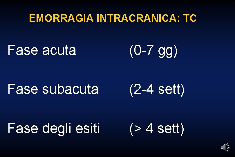 EMORRAGIA INTRACRANICA: TC Fase acuta (0 -7 gg) Fase subacuta (2 -4 sett) Fase