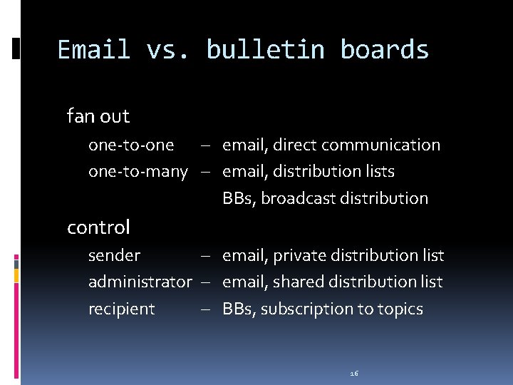 Email vs. bulletin boards fan out one-to-one – email, direct communication one-to-many – email, Email vs. bulletin boards fan out one-to-one – email, direct communication one-to-many – email,