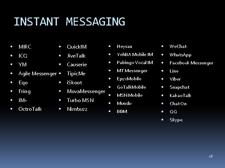 INSTANT MESSAGING MIRC Quick. IM Heysan We. Chat ICQ Jive. Talk Yeh. BA Mobile INSTANT MESSAGING MIRC Quick. IM Heysan We. Chat ICQ Jive. Talk Yeh. BA Mobile