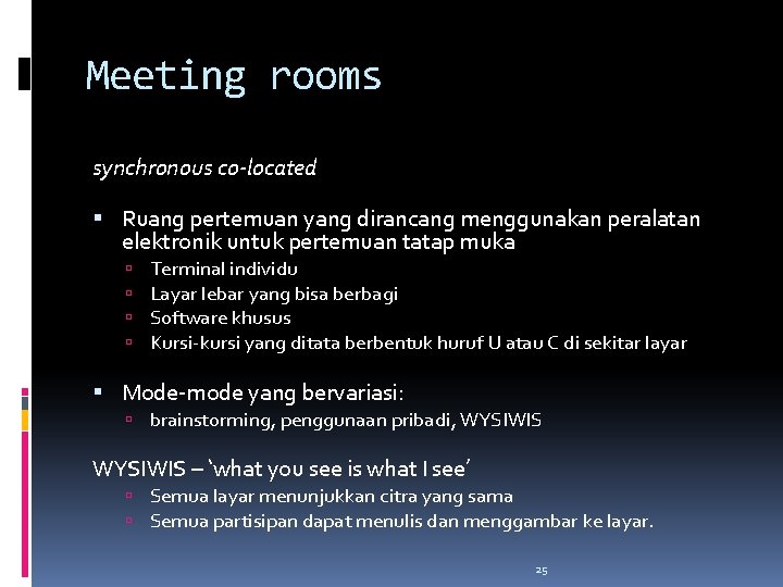 Meeting rooms synchronous co-located Ruang pertemuan yang dirancang menggunakan peralatan elektronik untuk pertemuan tatap Meeting rooms synchronous co-located Ruang pertemuan yang dirancang menggunakan peralatan elektronik untuk pertemuan tatap