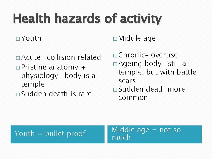 Health hazards of activity � Youth � Middle � Acute- � Chronic- Youth =