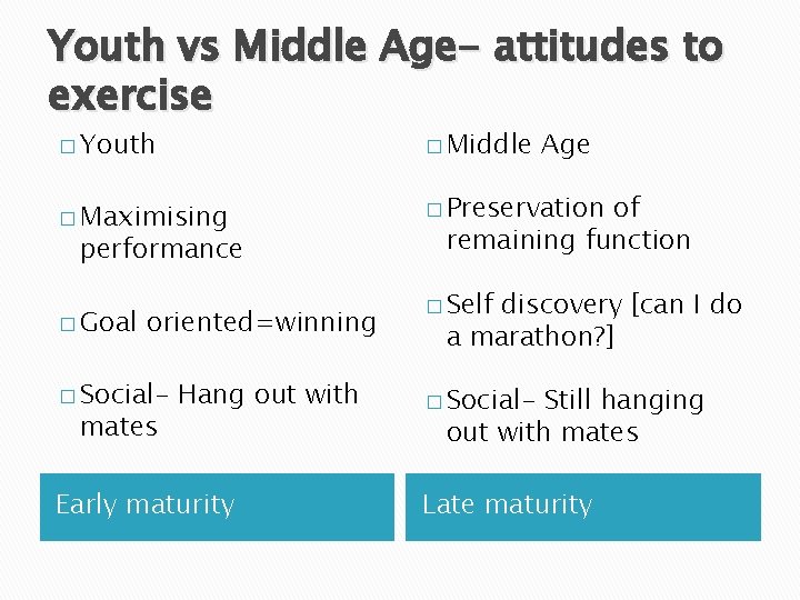 Youth vs Middle Age- attitudes to exercise � Youth � Middle � Maximising �