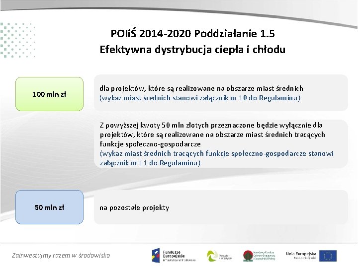 POIiŚ 2014 -2020 Poddziałanie 1. 5 Efektywna dystrybucja ciepła i chłodu 100 mln zł