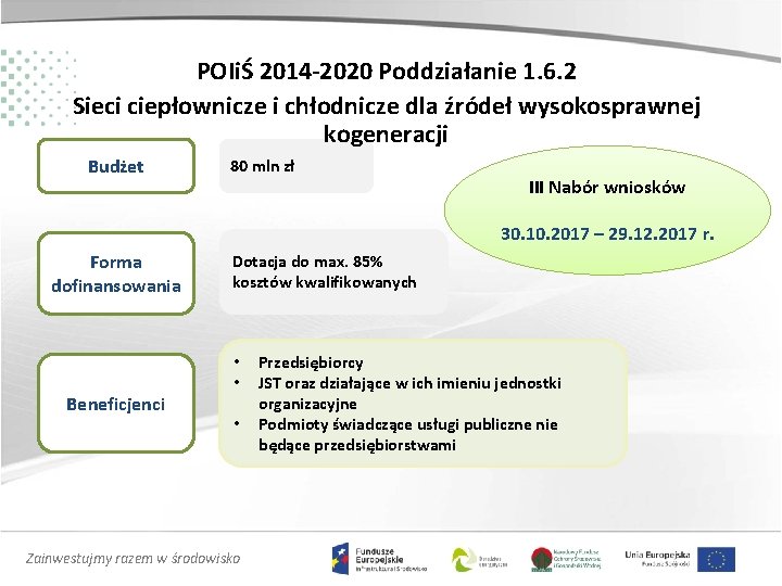 POIiŚ 2014 -2020 Poddziałanie 1. 6. 2 Sieci ciepłownicze i chłodnicze dla źródeł wysokosprawnej