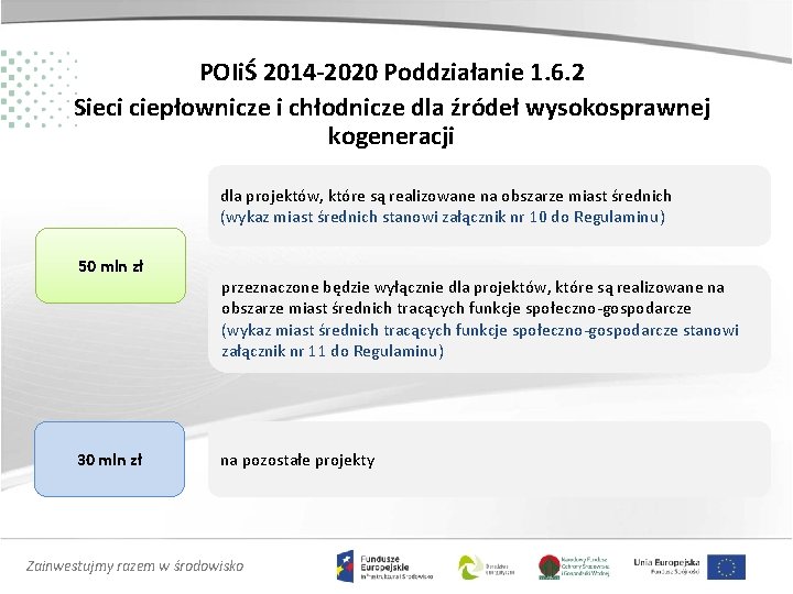 POIiŚ 2014 -2020 Poddziałanie 1. 6. 2 Sieci ciepłownicze i chłodnicze dla źródeł wysokosprawnej