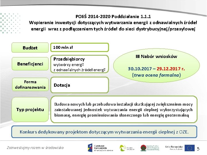 POIiŚ 2014 -2020 Poddziałanie 1. 1. 1 Wspieranie inwestycji dotyczących wytwarzania energii z odnawialnych