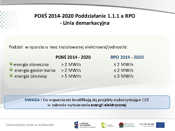 POIiŚ 2014 -2020 Poddziałanie 1. 1. 1 a RPO - Linia demarkacyjna Podział w