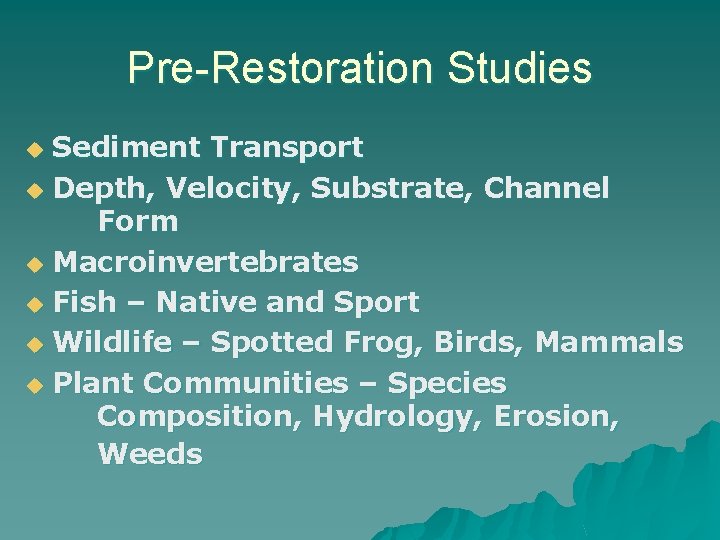 Pre-Restoration Studies Sediment Transport u Depth, Velocity, Substrate, Channel Form u Macroinvertebrates u Fish