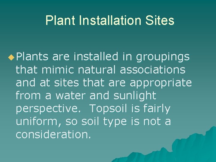 Plant Installation Sites u Plants are installed in groupings that mimic natural associations and