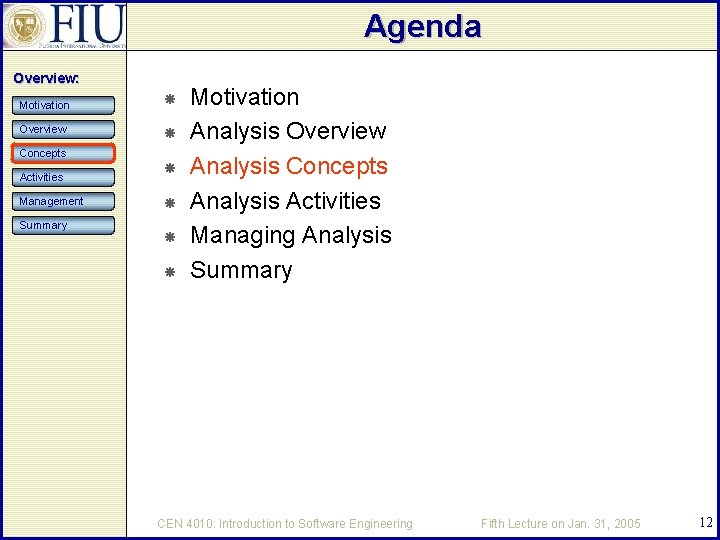 Agenda Overview: Motivation Overview Concepts Activities Management Summary Motivation Analysis Overview Analysis Concepts Analysis