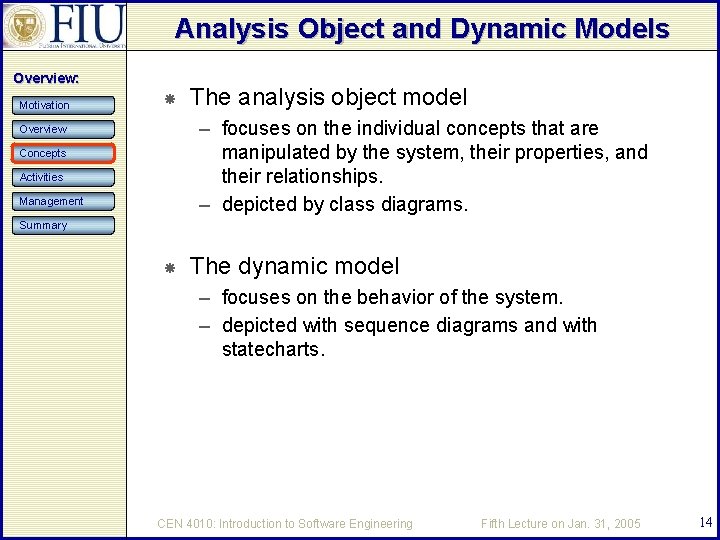 Analysis Object and Dynamic Models Overview: Motivation The analysis object model – focuses on