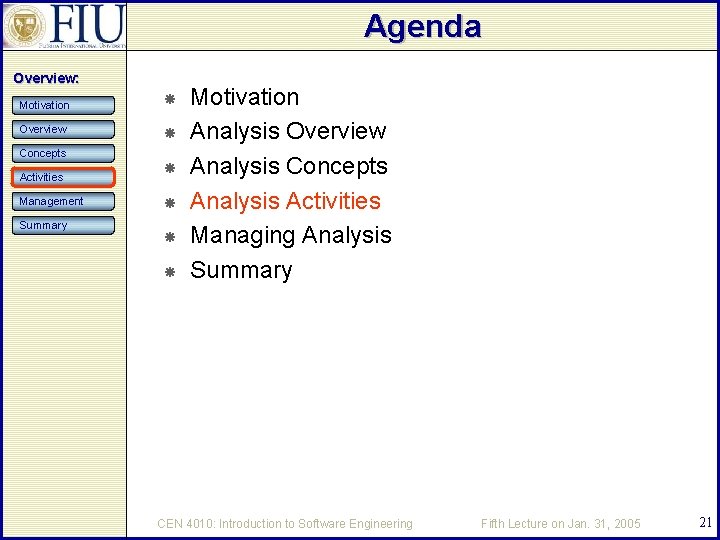 Agenda Overview: Motivation Overview Concepts Activities Management Summary Motivation Analysis Overview Analysis Concepts Analysis