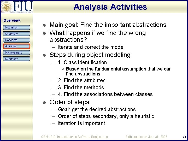 Analysis Activities Overview: Motivation Overview Concepts – Iterate and correct the model Activities Management