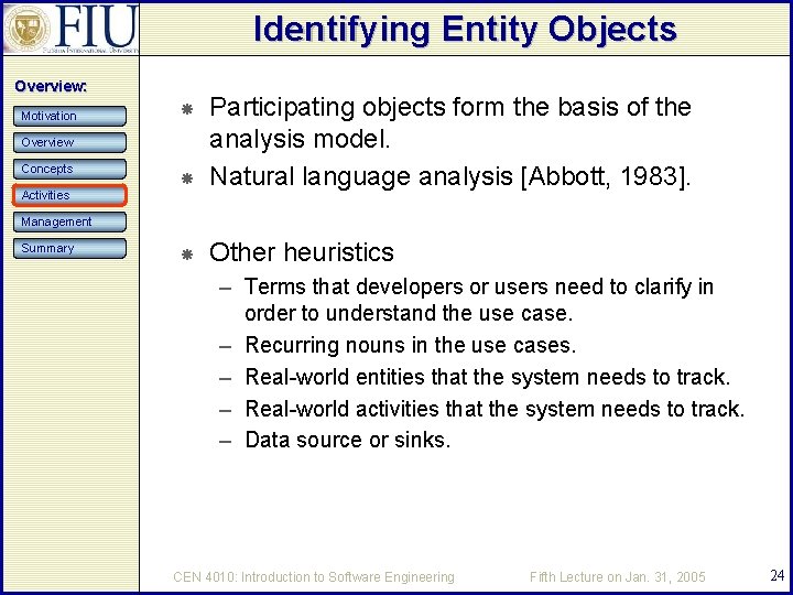 Identifying Entity Objects Overview: Motivation Participating objects form the basis of the analysis model.