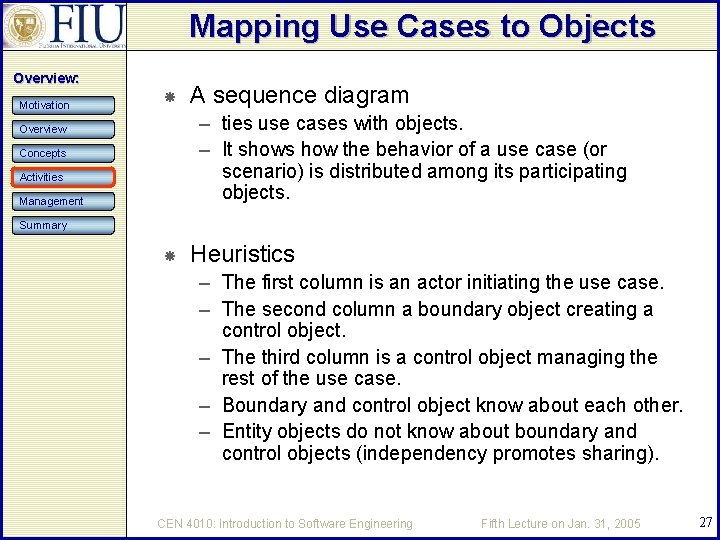 Mapping Use Cases to Objects Overview: Motivation A sequence diagram – ties use cases