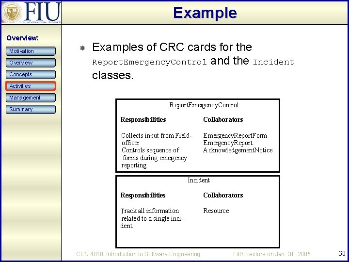 Example Overview: Motivation Overview Concepts Examples of CRC cards for the Report. Emergency. Control