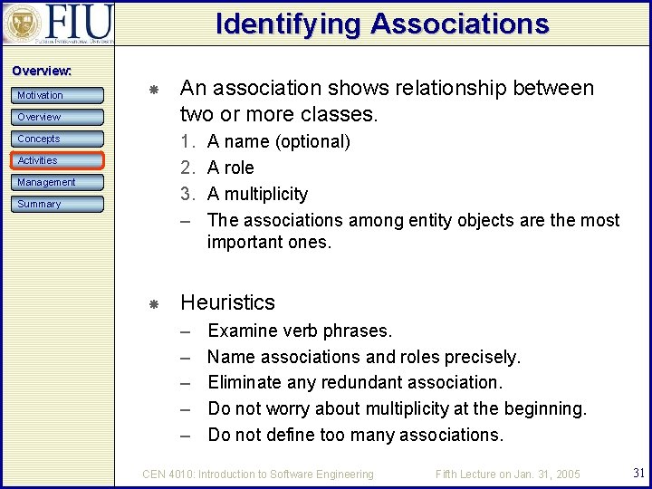 Identifying Associations Overview: Motivation Overview An association shows relationship between two or more classes.