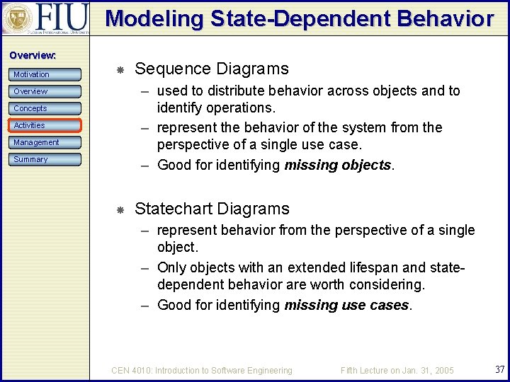 Modeling State-Dependent Behavior Overview: Motivation Sequence Diagrams – used to distribute behavior across objects