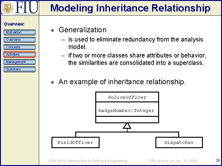 Modeling Inheritance Relationship Overview: Motivation Generalization – is used to eliminate redundancy from the