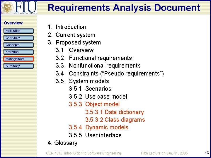 Requirements Analysis Document Overview: Motivation Overview Concepts Activities Management Summary 1. Introduction 2. Current