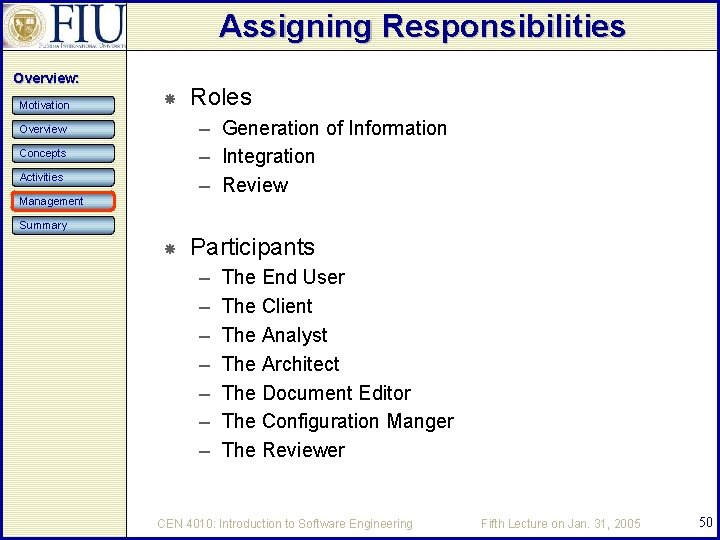 Assigning Responsibilities Overview: Motivation Roles – Generation of Information – Integration – Review Overview