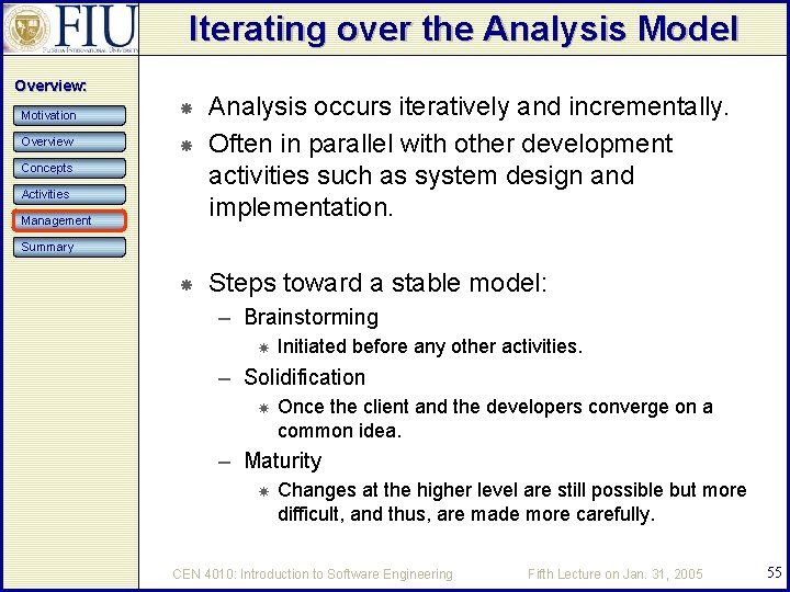 Iterating over the Analysis Model Overview: Motivation Overview Concepts Activities Management Analysis occurs iteratively