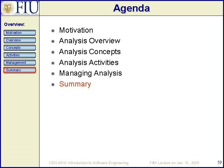 Agenda Overview: Motivation Overview Concepts Activities Management Summary Motivation Analysis Overview Analysis Concepts Analysis