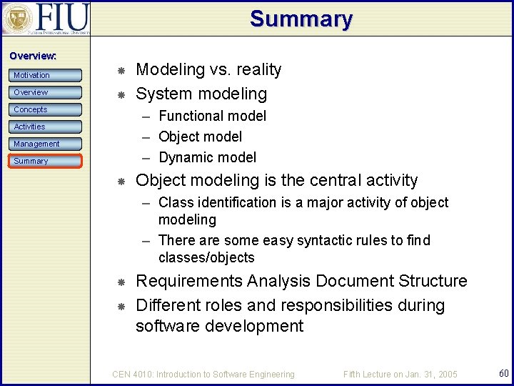 Summary Overview: Motivation Overview Concepts Modeling vs. reality System modeling – Functional model –