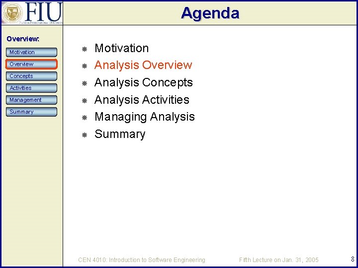 Agenda Overview: Motivation Overview Concepts Activities Management Summary Motivation Analysis Overview Analysis Concepts Analysis