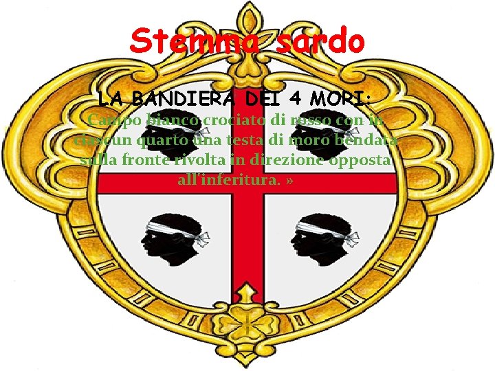 Stemma sardo LA BANDIERA DEI 4 MORI: Campo bianco crociato di rosso con in