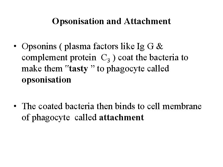 Opsonisation and Attachment • Opsonins ( plasma factors like Ig G & complement protein